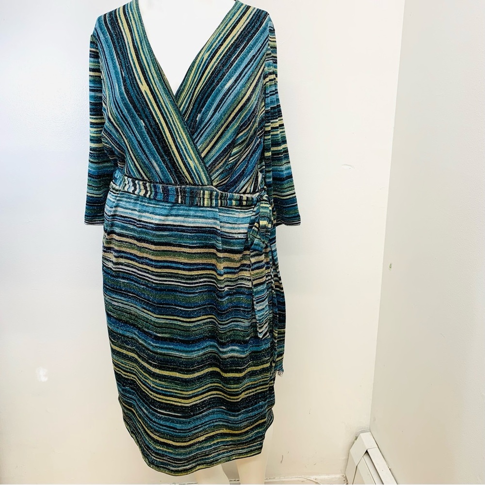 Lane Bryant Blue and Green Striped Long Sleeve Dress